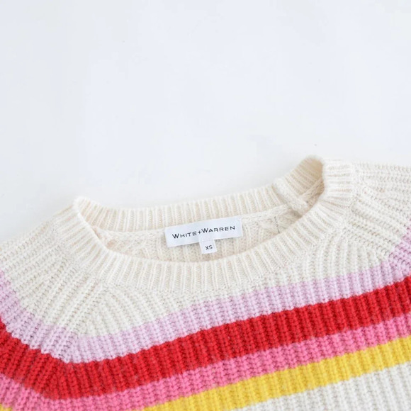 White + Warren Cream Pink Stripe Ribbed 25% Merino Wool Knit Cropped Sweater XS - Picture 10 of 11